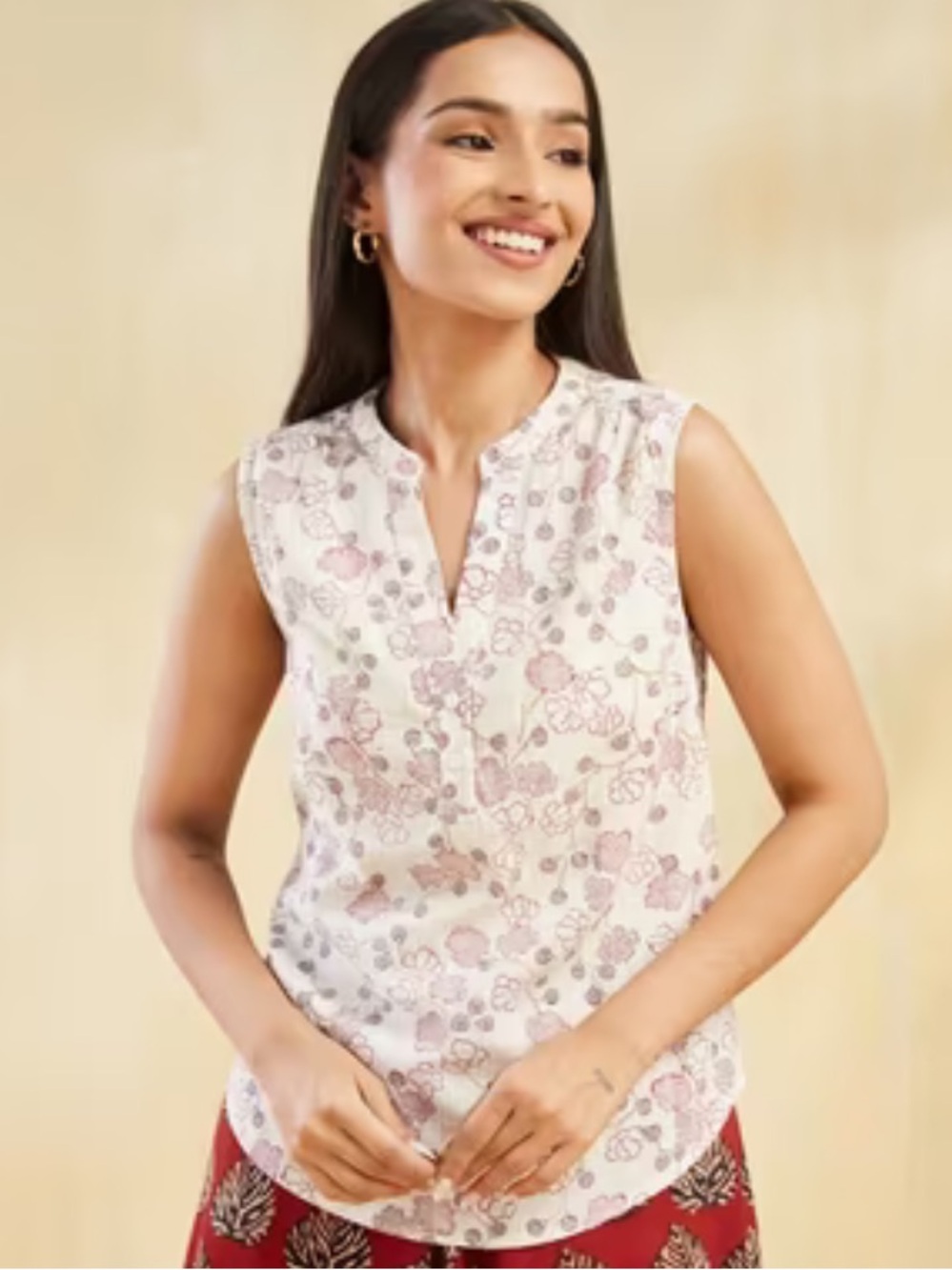 Fabindia Cream Top with Pink Floral Print